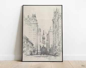 May include: Black and white line drawing of a city street with tall buildings on either side. The buildings are drawn in a detailed style, with many windows and architectural features. The street is empty, except for a few cars in the distance.