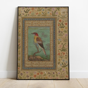 Bienenfresservogel Persische Miniaturkunstdruck, Traditionelles Blumen Kunstwerk von Shah Jahan Album, Vintage dekorative Wandkunst, digitales Plakat