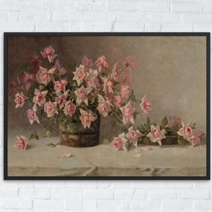 Vintage Blush Pink Roses and Peonies Wall Art Print, Classic Farmhouse Fine Art Decor Botanical Floral Art Prints Printable Digital Download