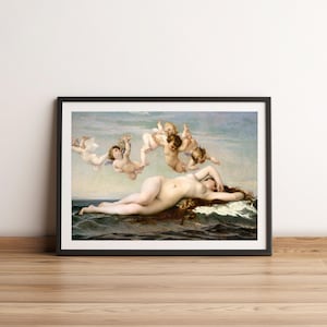 Puede incluir: Una pintura de una mujer desnuda tumbada en una roca en el oc&eacute;ano. Est&aacute; rodeada de querubines volando en el cielo. La pintura est&aacute; en un marco negro.
