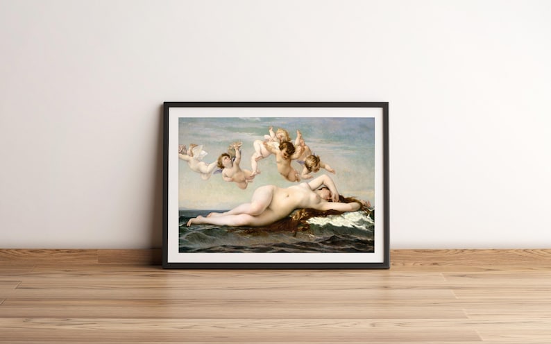 Puede incluir: Una pintura de una mujer desnuda tumbada en una roca en el oc&eacute;ano. Est&aacute; rodeada de querubines volando en el cielo. La pintura est&aacute; en un marco negro.