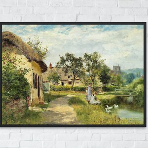 English Country Landscape Wall Art Print, Vintage Village Landscape Fine Art Prints, Printable Digital Download