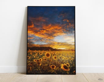 Sunflower Field at Sunset, Vintage Floral Landscape Art, Rustic Nature Wall Decor, Sunflower Printable Poster, Digital Download