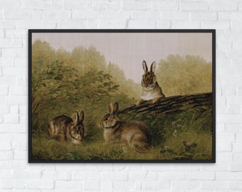 Cuadro imprimible de conejo vintage, arte mural de conejo antiguo, impresión de animal de Pascua, descarga digital rústica, decoración de guardería con animales del bosque