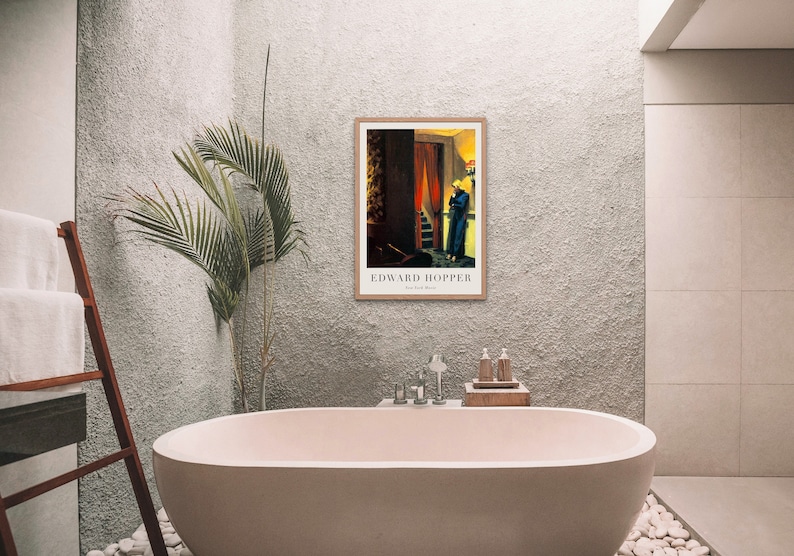 May include: A framed print of a painting by Edward Hopper titled "Room in New York". The painting depicts a woman in a blue dress standing in a doorway with a red curtain.