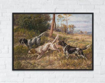 Arte de perro rústico imprimible, pintura de perro de campo vintage, arte de pared digital de setter inglés, decoración de pared de granja, descarga de arte digital rústico