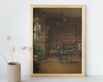 Vintage Oil Painting, Printable Wall Art, Antique Vintage Library Poster, Dark Fine Art, Moody Home Decor Print, Instant Download