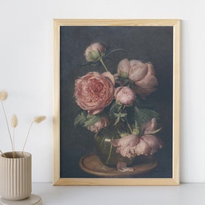 Vintage Still Life with Flowers Painting, Printable Dark Academia Botanical Floral Art Print, Moody Antique Flower Prints, Digital Download