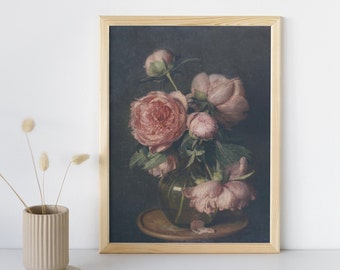 Bodegón vintage con pintura de flores, impresión de arte floral botánico de la Academia Oscura imprimible, estampados de flores antiguas de mal humor, descarga digital