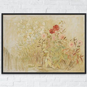 Vintage floral wall art, country cottage flower painting, muted garden print, spring landscape decor, nursery printable art digital download