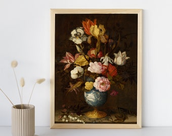 Floral Wand Kunst Print, Vintage Moody Fine Art, antike Blumen Drucke, Dark Academia Malerei, klassische Wand-Dekor, druckbare digitaler Download