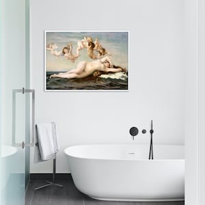 Puede incluir: Una pintura de una mujer acostada sobre una ola con querubines volando sobre ella. La mujer tiene el pelo largo y casta&ntilde;o y lleva una tela blanca. Los querubines est&aacute;n desnudos y tienen alas. La pintura est&aacute; ambientada en un cielo azul con nubes blancas.