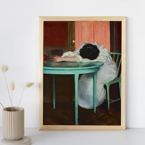 Lámina de arte mural de mujer cansada, arte vintage de mujer, impresiones antiguas de estilo melancólico, pintura en colores apagados, decoración clásica, descarga digital imprimible