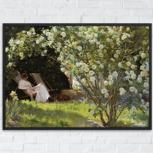 Victorian Lady Reading in Garden, Vintage Floral Art Print, French Country Garden Scene, Antique Style Wall Decor Printable Digital Download
