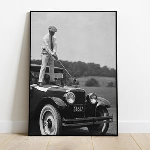 Golfer Vintage Photography Print, Antique Car Photo, Funny Wall Art, Golf Posters, Retro Digital Download, Printable Art for Car Lovers