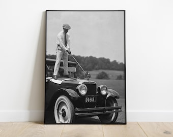 Golfer vintage fotografieprint, oldtimerfoto, grappige muurkunst, golfposters, retro digitale download, afdrukbare kunst voor autoliefhebbers