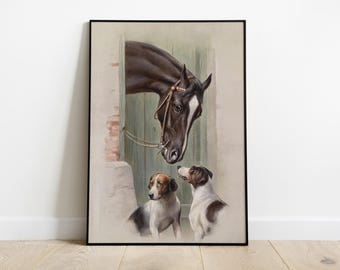 Impresión vintage de caballo, pintura de caballos y perros, arte mural ecuestre, obra de Carl Reichert, decoración de caballos, descarga digital imprimible de animales.