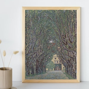 May include: A framed painting of a tree-lined path leading to a building. The trees are painted in a stylized, pointillist style with green, blue, and purple hues. The path is a light gray color and the building is a light brown color.
