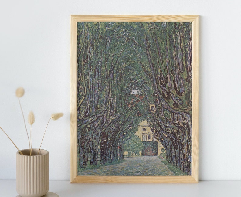May include: A framed painting of a tree-lined path leading to a building. The trees are painted in a stylized, pointillist style with green, blue, and purple hues. The path is a light gray color and the building is a light brown color.