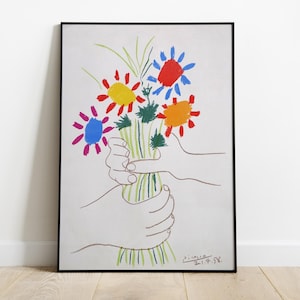 Impresión de ramo de flores de Picasso, arte floral vibrante, decoración moderna, obra de arte minimalista, regalo para dormitorio de niñas, descarga digital imprimible