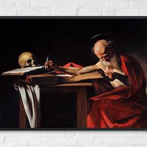 Pintura escrita de São Jerônimo, Caravaggio, decoração de arte de parede para impressão, impressão de paisagem famosa, belas artes vintage clássicas, download instantâneo