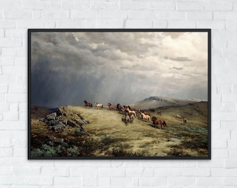 Könnte beinhalten: Ein Gemälde, das eine Herde Pferde zeigt, die auf einem Feld unter einem stürmischen Himmel stehen. Die Pferde sind braun, weiß und schwarz und stehen in einer Gruppe und blicken auf den Betrachter. Der Himmel ist dunkel und bewölkt, und es herrscht ein Gefühl von drohendem Regen.