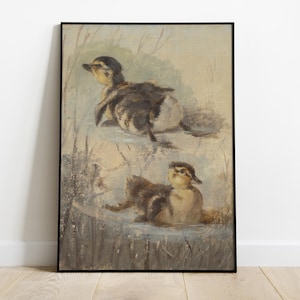 Vintage Duckling Oil Painting Printable, Nursery Wall Art, Spring Bird Farmhouse Decor, Baby Ducks, Rustic Animal Art, Instant Download