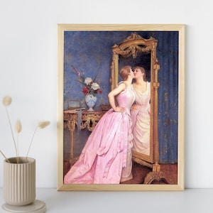 Woman Looking in Mirror Portrait, Fashion Wall Art Print, Antique Fine Art, Vintage Prints, Classic All Decor, Printable Digital Download