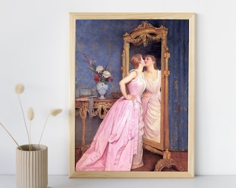 Woman Looking in Mirror Portrait, Fashion Wall Art Print, Antique Fine Art, Vintage Prints, Classic All Decor, Printable Digital Download