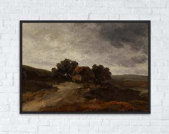 Moody Landscape Oil Painting, Printable Rustic Country Farmhouse Art, Antique Wall Decor, Digital Art Download
