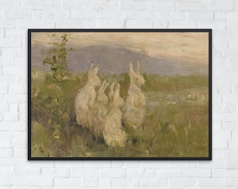 Arte imprimible de conejo vintage, decoración de pared de conejos, descarga digital de pintura de conejo, arte infantil de primavera, póster de animales, impresión digital de conejo