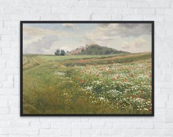 ポピー畑の絵画ヴィンテージ、アンティークカントリー風景画、野生の花