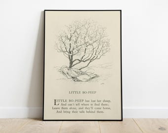 Vintage Little Bo Peep Printable, Nursery Rhyme Wall Decor, Girls Nursery Print, Minimalist Nursery Wall Art, Digital Vintage Rhyme Poster