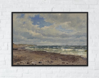 Vintage Küsten Meer Druck, Antikes Strandhaus Wandkunst, Gedämpfte Küsten Malerei, druckbare Strand Dekor, digitale Strandlandschaft Poster