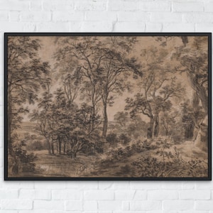 Vintage Woodland Drawing, Moody Brown Watercolor Artwork, Antique Dark Landscape Painting, Printable Wall Art, Digital Download