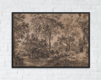 Vintage Woodland Drawing, Moody Brown Watercolor Artwork, Antique Dark Landscape Painting, Printable Wall Art, Digital Download