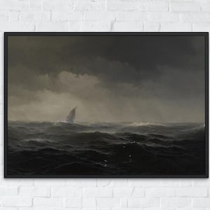 Moody Seascape Printable, Vintage Storm at Sea Oil Painting, Antique Ship Wall Decor, Nautical Seascape Print, Digital Download, Ship Art