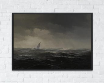 Moody Seascape Printable, Vintage Storm at Sea Oil Painting, Antique Ship Wall Decor, Nautical Seascape Print, Digital Download, Ship Art