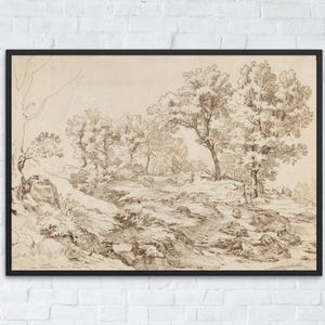 Vintage Landscape Drawing, Rustic French Country Art, Printable Neutral Antique Home Decor, Digital Wall Art Download