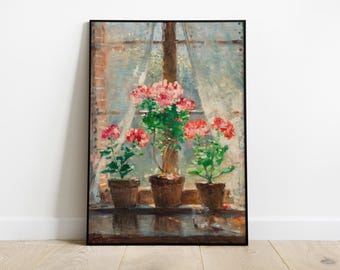 Arte mural botánico, pintura vintage de flores en una ventana, decoración imprimible de plantas en maceta, arte para interiores, descarga digital, lámina floral para el hogar