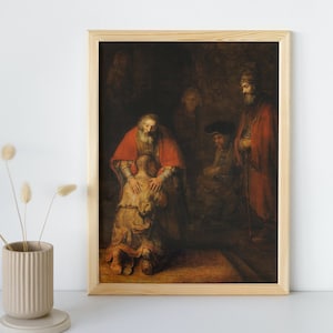 Pintura El regreso del hijo pródigo, Rembrandt van Rijn, arte mural imprimible, impresión de retrato famoso, bellas artes clásicas, descarga instantánea