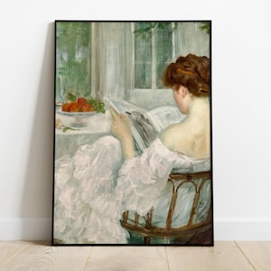 Victorian Woman Reading Painting, Vintage Cottage Portrait, Antique Lady Art Print, Bridgerton Style Wall Decor, Printable Digital Download
