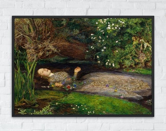 Cuadro de Ofelia, Sir John Everett Millais, Decoración de pared imprimible, Impresión de paisaje famoso, Bellas artes clásicas vintage, Descarga digital