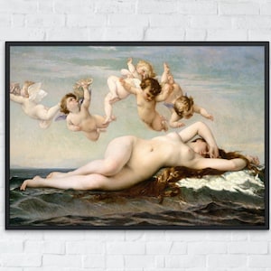 Puede incluir: Una pintura de una mujer desnuda acostada sobre una ola con la cabeza apoyada en la mano. Est&aacute; rodeada de cinco querubines con alas, volando en el cielo sobre ella.