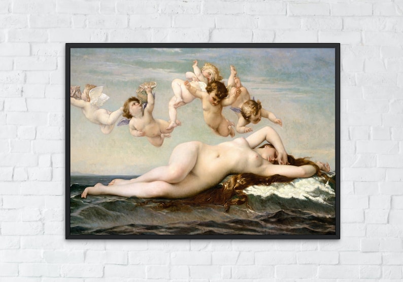 Puede incluir: Una pintura de una mujer desnuda acostada sobre una ola con la cabeza apoyada en la mano. Est&aacute; rodeada de cinco querubines con alas, volando en el cielo sobre ella.