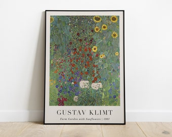 Farm Garden with Sunflowers Painting with Text, Gustav Klimt, Printable Wall Decor, Vintage Print, Classic Fine Art Poster, Instant Download