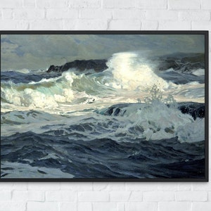 Stampa di riproduzione artistica della parete classica del paesaggio marino costiero, stampe d&#39;arte vintage delle onde dell&#39;oceano, decorazione della parete, download digitale stampabile.