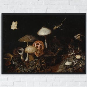 Vintage Forest Floor with Mushrooms and Snake Digital Download, Dark Academia Printable Wall Art, Moody Art Print, Gothic Decor Poster
