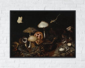 Vintage Forest Floor with Mushrooms and Snake Digital Download, Dark Academia Printable Wall Art, Moody Art Print, Gothic Decor Poster