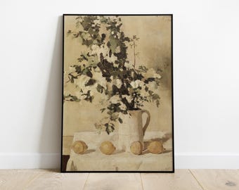 Vintage Still Life Art Print, Neutral Oil Painting of White Flower Vase, Farmhouse Kitchen Decor, Printable Wall Art, Digital Download